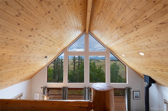 bonus room with lofted ceiling with beams, plenty of natural light, and wood ceiling