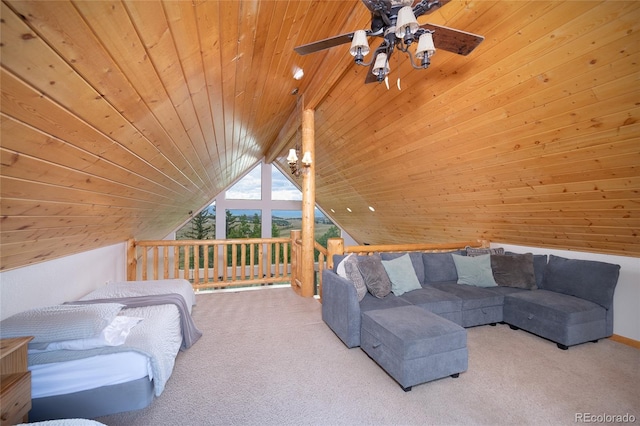 living area featuring carpet floors, wood ceiling, and ceiling fan