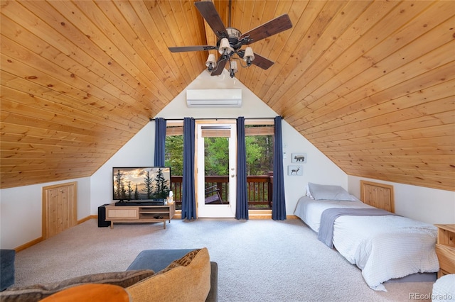 carpeted bedroom featuring access to exterior, baseboards, wooden ceiling, a wall unit AC, and vaulted ceiling