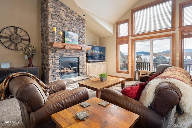 45 County Road 5223 Unit 25B, Tabernash, CO 80478 - carpeted living area featuring high vaulted ceiling and a stone fireplace