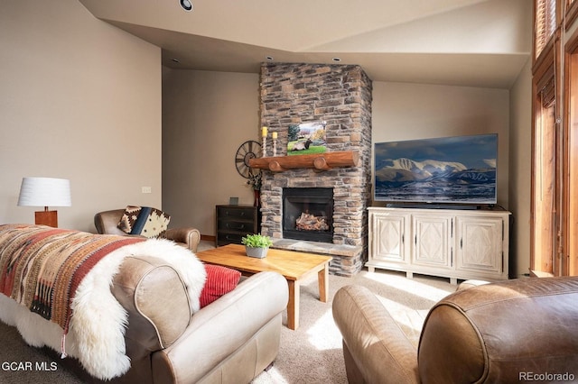 45 County Road 5223 Unit 25B, Tabernash, CO 80478 - living area featuring carpet, a fireplace, and lofted ceiling