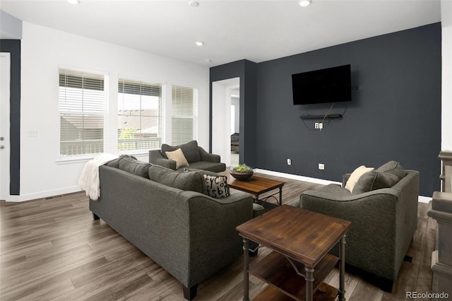 5128 Preserve Pl, Firestone, CO 80504 - living area featuring wood finished floors and recessed lighting