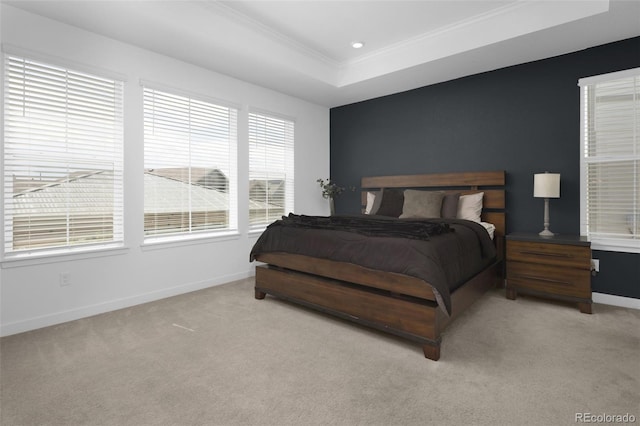 5128 Preserve Pl, Firestone, CO 80504 - bedroom with ornamental molding, light carpet, and a tray ceiling