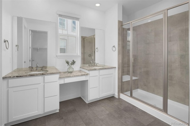 5128 Preserve Pl, Firestone, CO 80504 - bathroom with a stall shower, vanity, recessed lighting, and tile patterned flooring