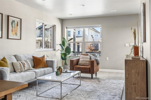 living area with baseboards and wood finished floors