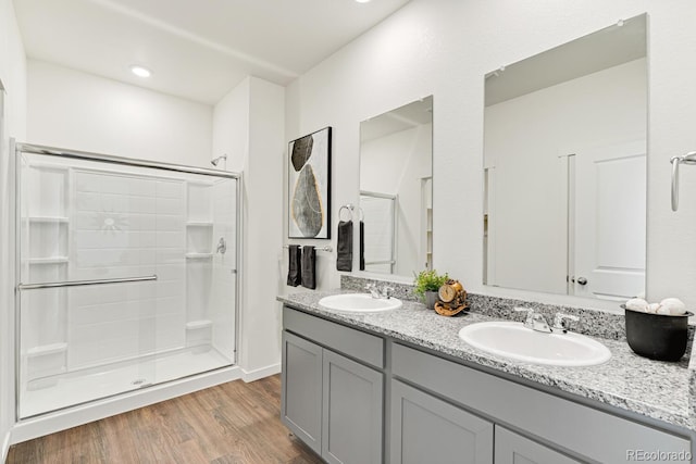 bathroom with double vanity, wood finished floors, walk in shower, and a sink