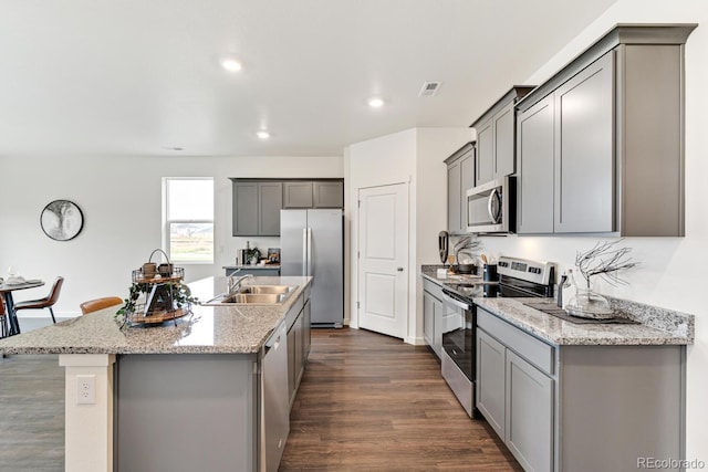 kitchen with a sink, gray cabinets, and stainless steel appliances