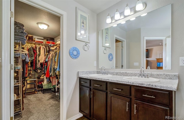 bathroom with a walk in closet, double vanity, and a sink