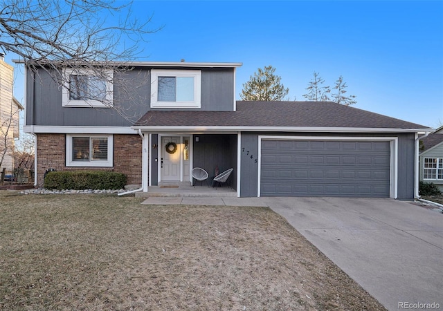 traditional-style house featuring brick siding, concrete driveway, roof with shingles, a front yard, and a garage