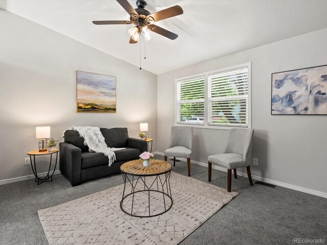 4858 S Quintero Cir, Aurora, CO 80015 - living room featuring carpet floors, a ceiling fan, lofted ceiling, and baseboards