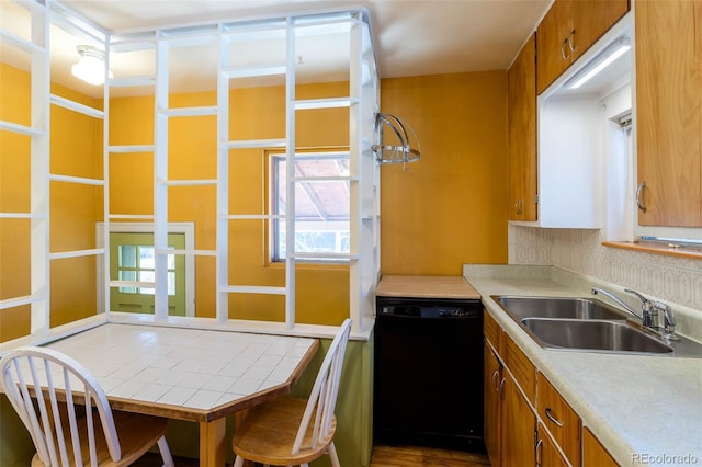 kitchen with decorative backsplash, dishwasher, and sink