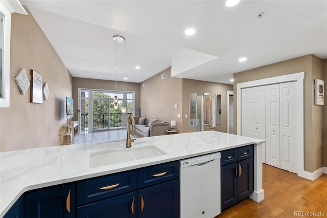 6000 W Floyd Ave Unit 214, Denver, CO 80227 - kitchen featuring dishwasher, blue cabinetry, open floor plan, light wood-type flooring, and recessed lighting