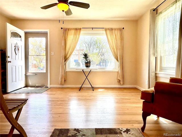 interior space featuring baseboards, a ceiling fan, and wood finished floors