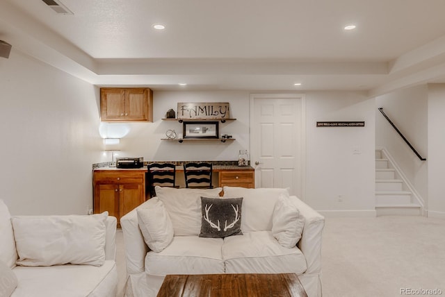 8367 Devinney St, Arvada, CO 80005 - living area featuring recessed lighting, carpet flooring, stairway, and baseboards