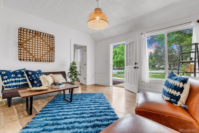 211 E Emma St, Lafayette, CO 80026 - living area with wood finished floors, vaulted ceiling, and baseboards