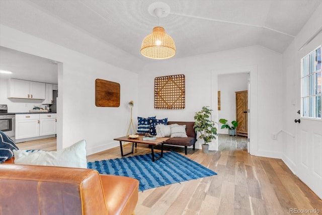 211 E Emma St, Lafayette, CO 80026 - living room with light wood-style flooring, vaulted ceiling, baseboards, and a baseboard heating unit