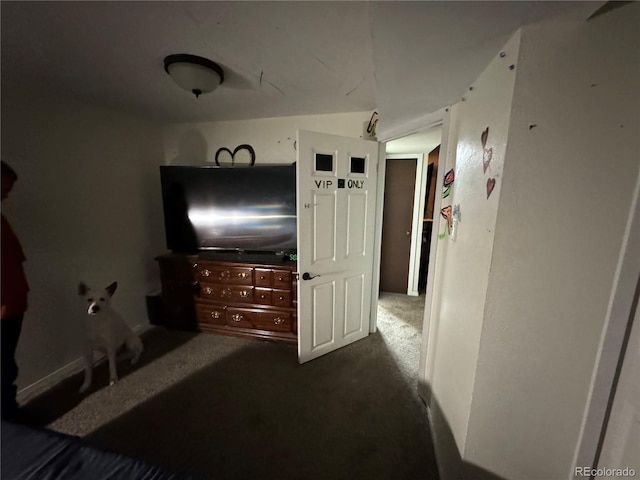 bedroom featuring dark colored carpet