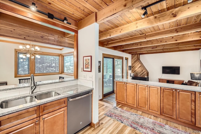 kitchen with sink, wooden ceiling, light stone counters, stainless steel dishwasher, and a chandelier