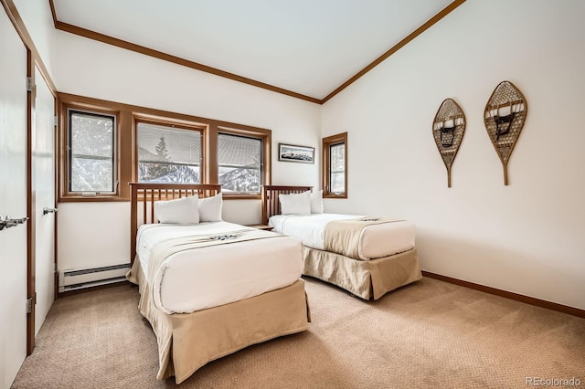 bedroom featuring carpet, lofted ceiling, crown molding, and a baseboard heating unit