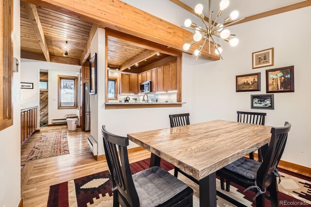 dining area featuring a baseboard heating unit, light hardwood / wood-style flooring, beamed ceiling, wood ceiling, and a chandelier