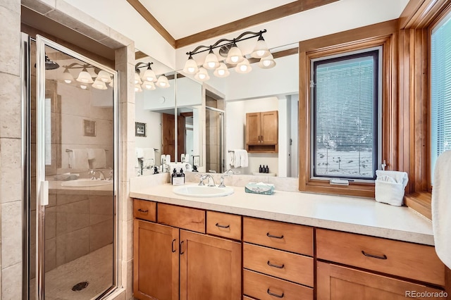 bathroom featuring vanity and a shower with shower door