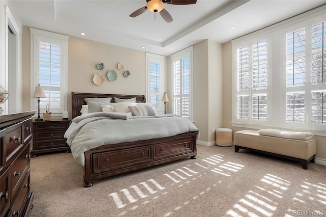 bedroom featuring recessed lighting, baseboards, light carpet, and ceiling fan