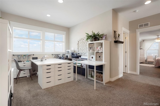 home office featuring light colored carpet, recessed lighting, ceiling fan, and visible vents