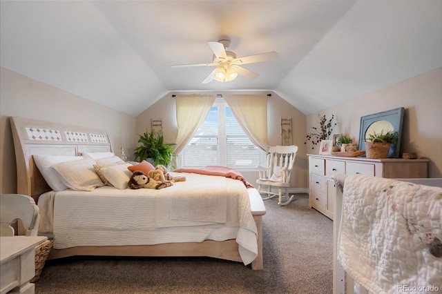 bedroom featuring a ceiling fan, vaulted ceiling, and light carpet