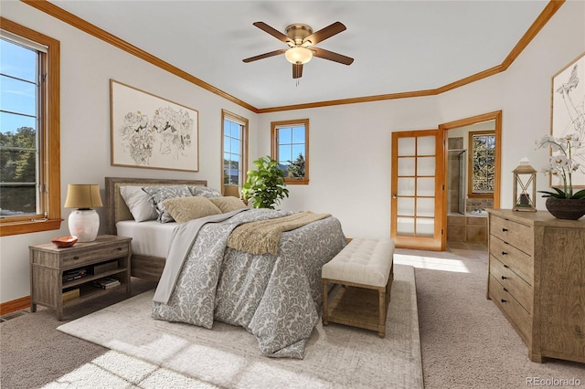 bedroom with light carpet, crown molding, visible vents, and baseboards