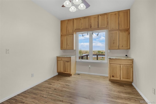 kitchen featuring ceiling fan and light wood-type flooring