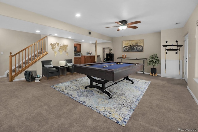 rec room with carpet flooring, ceiling fan, and billiards