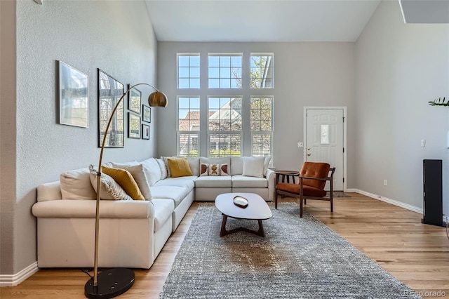 8300 Fairmount Dr Unit Aa102, Denver, CO 80247 - living area featuring light wood-style floors, baseboards, and a towering ceiling