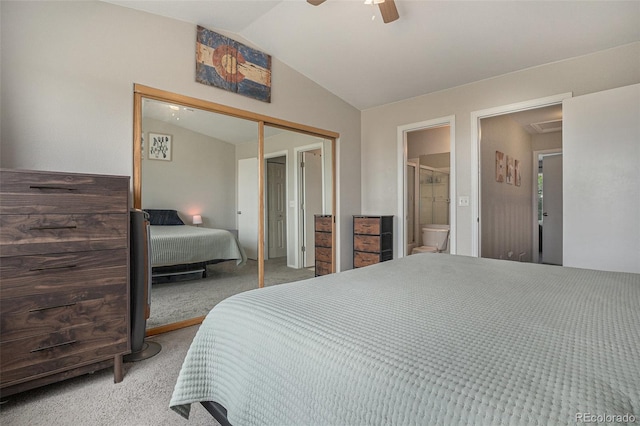 8259 S Fillmore Cir, Centennial, CO 80122 - bedroom with light carpet, vaulted ceiling, a closet, a ceiling fan, and ensuite bath