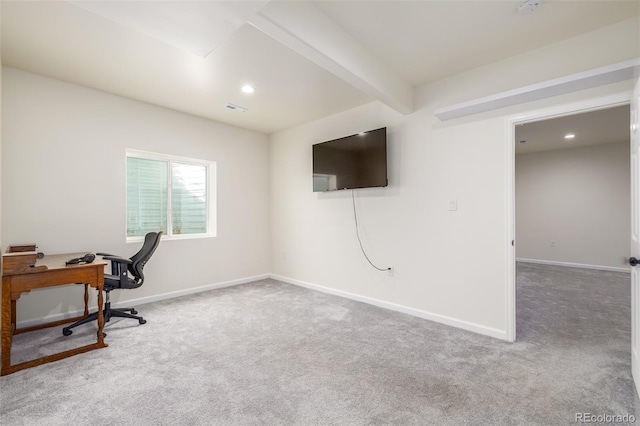 office area featuring beam ceiling and carpet floors