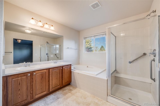 bathroom featuring plus walk in shower and vanity