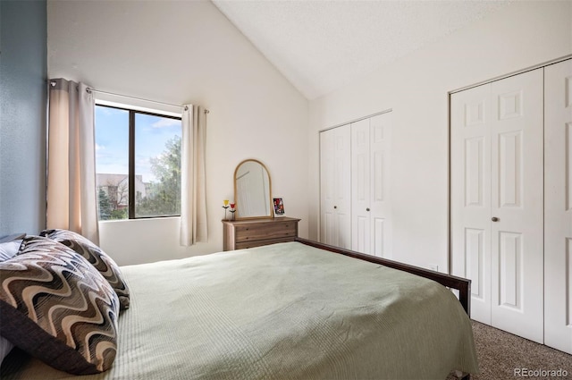 3600 S Pierce St Unit 1-207, Denver, CO 80235 - carpeted bedroom featuring multiple closets and high vaulted ceiling