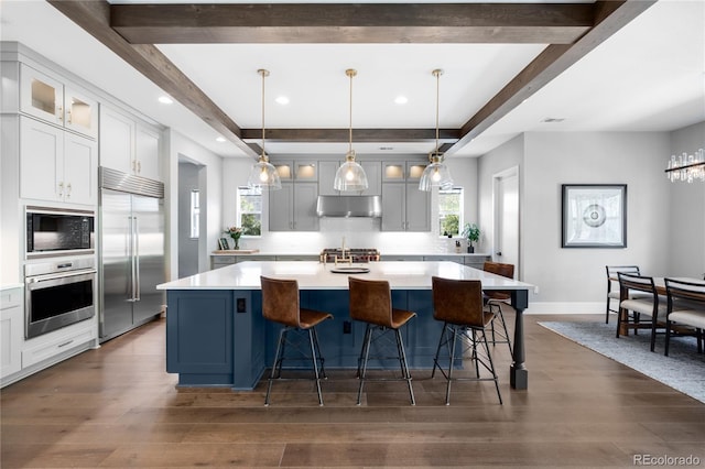 4868 Hogback Ridge Rd, Morrison, CO 80465 - kitchen featuring built in appliances, under cabinet range hood, dark wood-type flooring, light countertops, and beamed ceiling