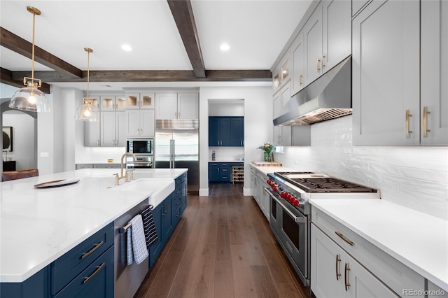 4868 Hogback Ridge Rd, Morrison, CO 80465 - kitchen featuring built in appliances, under cabinet range hood, blue cabinetry, beamed ceiling, and a sink