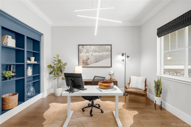 4868 Hogback Ridge Rd, Morrison, CO 80465 - office featuring crown molding, baseboards, and wood finished floors