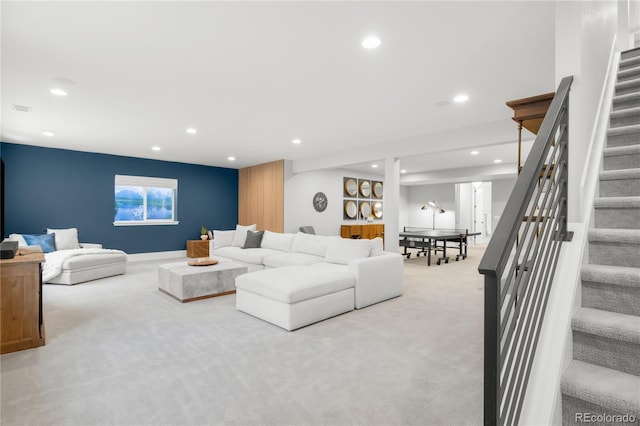 4868 Hogback Ridge Rd, Morrison, CO 80465 - carpeted living room featuring stairway and recessed lighting