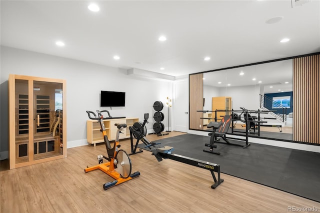 4868 Hogback Ridge Rd, Morrison, CO 80465 - workout room with recessed lighting, baseboards, and wood finished floors
