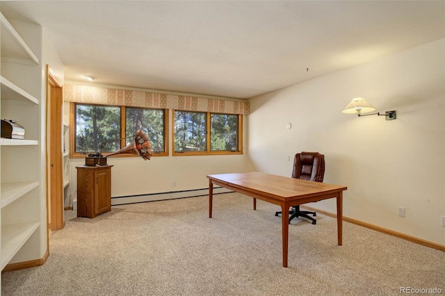 carpeted office featuring a baseboard radiator