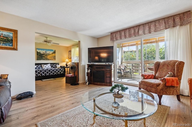 living room featuring ceiling fan, light hardwood / wood-style floors, and a textured ceiling