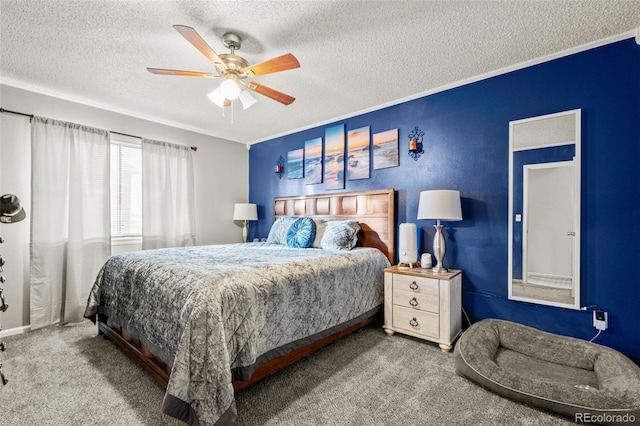 bedroom with a textured ceiling, ceiling fan, and carpet