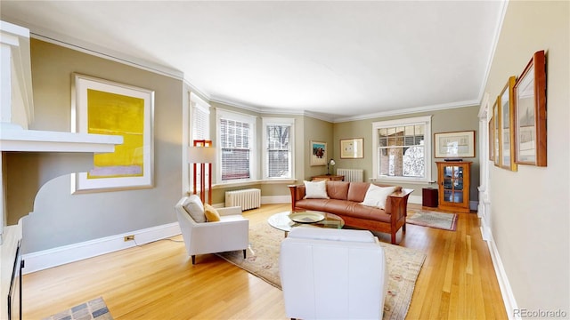 living area with radiator, light wood-type flooring, and crown molding