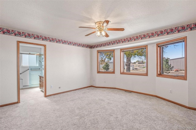 spare room with a textured ceiling, light colored carpet, and plenty of natural light