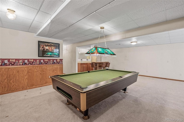 rec room featuring billiards, a drop ceiling, and light colored carpet