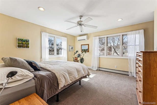 carpeted bedroom with recessed lighting, a wall unit AC, ceiling fan, and baseboard heating