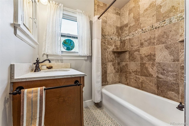 full bathroom featuring shower / bath combo, vanity, and tile patterned floors