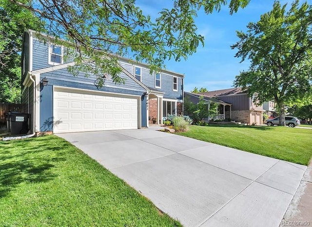 traditional-style house featuring cooling unit, driveway, an attached garage, and a front lawn